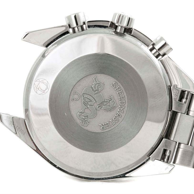 The image shows the case back and part of the bracelet of an Omega Speedmaster 3539.50.00 Men
s Stainless Steel Black Dial 3539.50.00 Men
s Stainless Steel Black Dial watch.