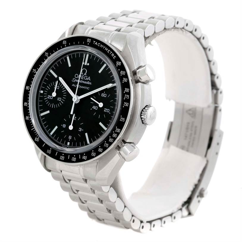 This Omega Speedmaster 3539.50.00 Men
s Stainless Steel Black Dial 3539.50.00 Men
s Stainless Steel Black Dial watch is pictured at a three-quarter angle, showcasing the dial, bracelet, and side pushers.