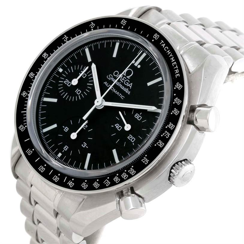 The image shows the Omega Speedmaster 3539.50.00 Men
s Stainless Steel Black Dial 3539.50.00 Men
s Stainless Steel Black Dial watch from an angled close-up, highlighting its face, bezel, side buttons, and metal bracelet.