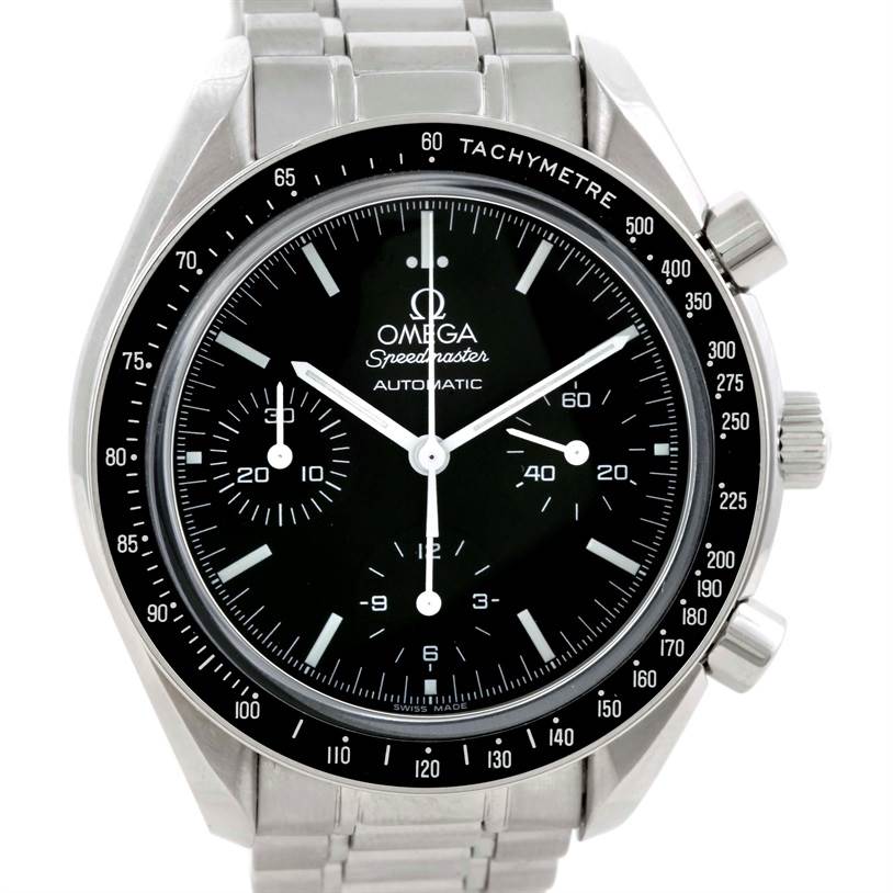 The Omega Speedmaster 3539.50.00 Men
s Stainless Steel Black Dial 3539.50.00 Men
s Stainless Steel Black Dial watch is shown from the front, highlighting the dial, tachymeter bezel, and stainless steel bracelet.