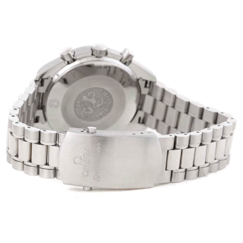 The image shows the back case, crown, pushers, and bracelet clasp of the Omega Speedmaster 3539.50.00 Men
s Stainless Steel Black Dial 3539.50.00 Men
s Stainless Steel Black Dial watch from a rear angle.