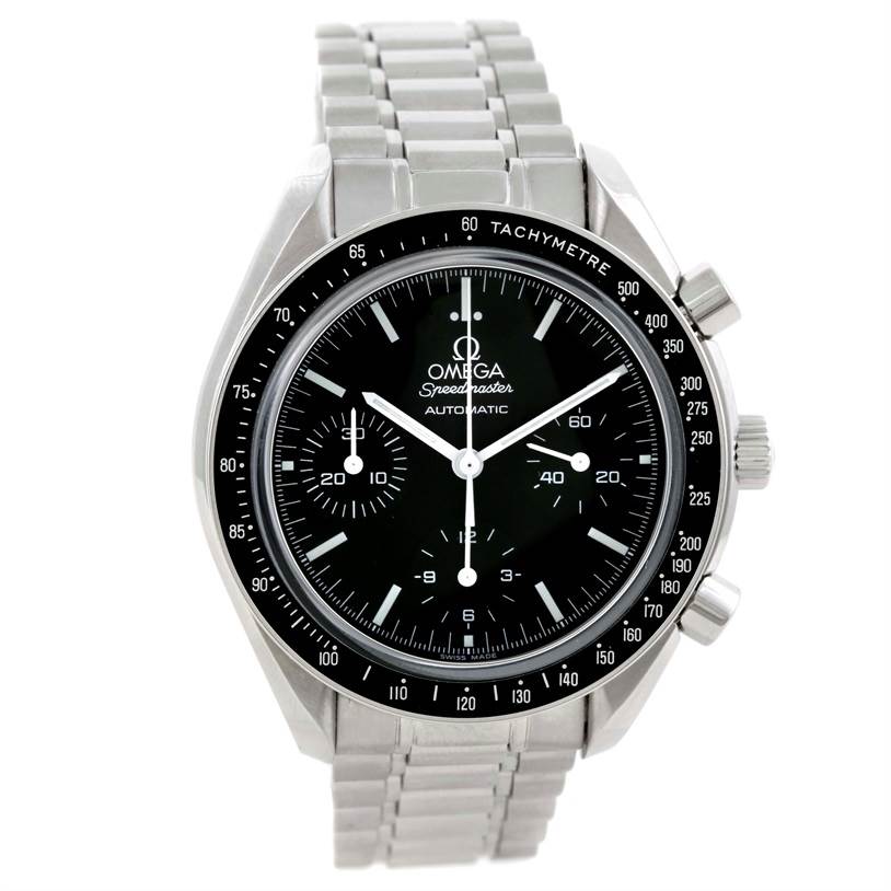 The image shows a front view of an Omega Speedmaster 3539.50.00 Men
s Stainless Steel Black Dial 3539.50.00 Men
s Stainless Steel Black Dial watch, highlighting its dial, bezel, sub-dials, and stainless steel bracelet.