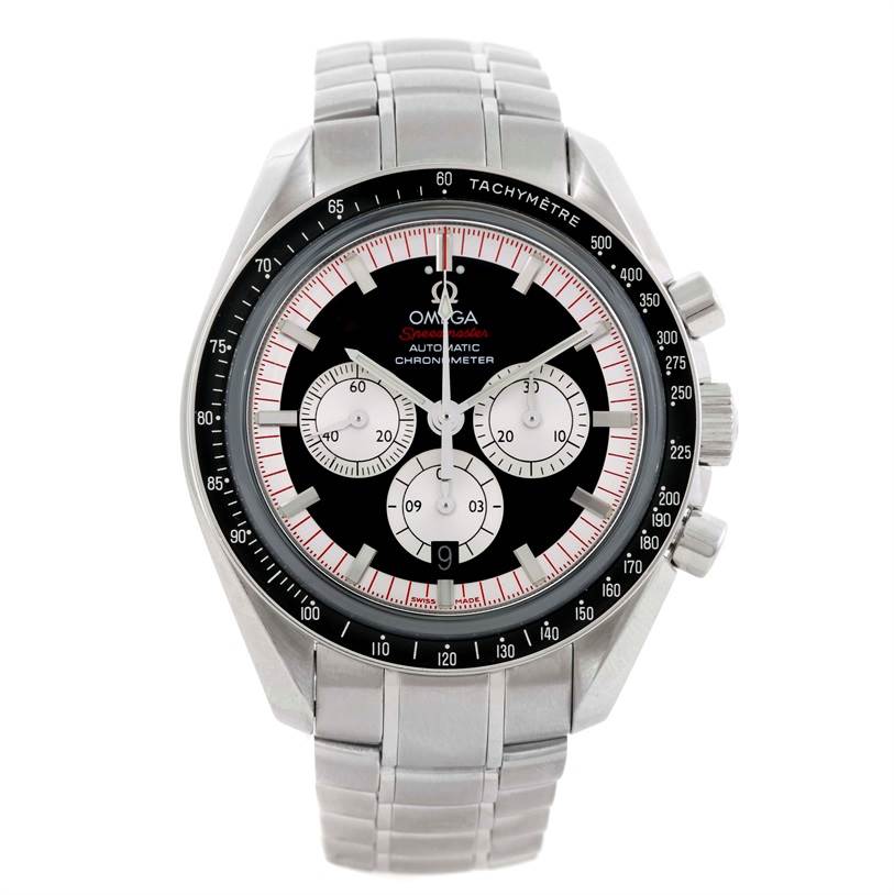 The image shows a frontal view of the Omega Speedmaster 3507.51.00 Men
s Stainless Steel Black Dial 3507.51.00 Men
s Stainless Steel Black Dial watch, displaying the face, bezel, and bracelet.