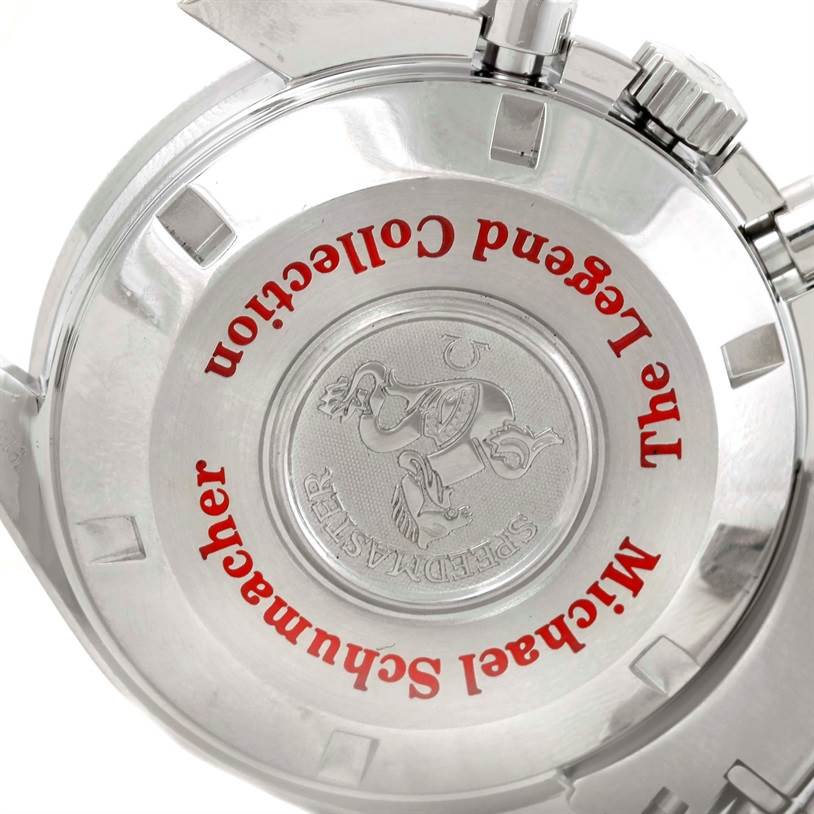 The image shows the case back of an Omega Speedmaster 3507.51.00 Men
s Stainless Steel Black Dial 3507.51.00 Men
s Stainless Steel Black Dial Michael Schumacher Legend Collection watch.