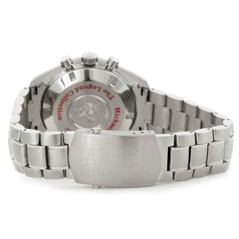 The image shows the back case and bracelet of an Omega Speedmaster 3507.51.00 Men
s Stainless Steel Black Dial 3507.51.00 Men
s Stainless Steel Black Dial watch, highlighting the clasp and engravings.