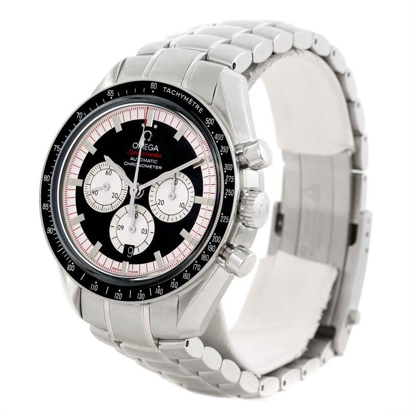 The Omega Speedmaster 3507.51.00 Men
s Stainless Steel Black Dial 3507.51.00 Men
s Stainless Steel Black Dial watch is shown at a three-quarter angle, displaying the chronograph dial and steel bracelet.