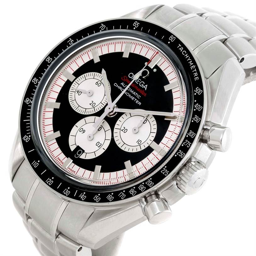 The image shows an Omega Speedmaster 3507.51.00 Men
s Stainless Steel Black Dial 3507.51.00 Men
s Stainless Steel Black Dial watch at a slight angle, highlighting the face, bezel, crown, pushers, and metal bracelet.