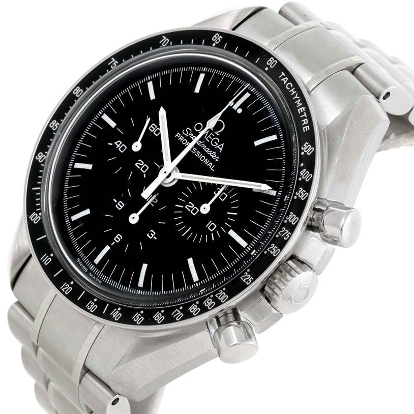 The image shows an Omega Speedmaster 3570.50.00 Men
s Stainless Steel Black Dial 3570.50.00 Men
s Stainless Steel Black Dial watch at an angled close-up, highlighting the dial, tachymeter, and pushers.