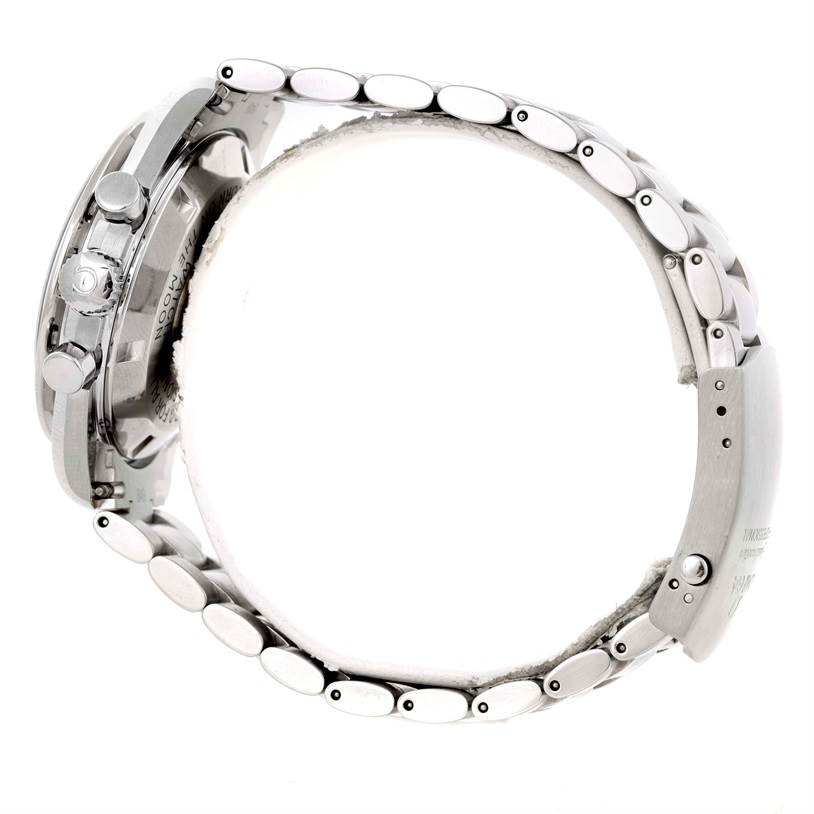 This Omega Speedmaster 3570.50.00 Men
s Stainless Steel Black Dial 3570.50.00 Men
s Stainless Steel Black Dial watch is shown from the side, highlighting the bracelet, clasp, and the crown with pushers.