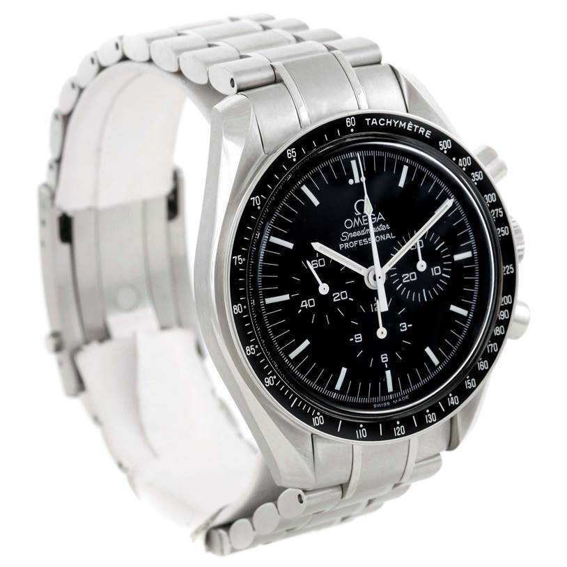 This image shows an Omega Speedmaster 3570.50.00 Men
s Stainless Steel Black Dial 3570.50.00 Men
s Stainless Steel Black Dial watch at a three-quarter angle, highlighting the dial, bezel, and metal bracelet.