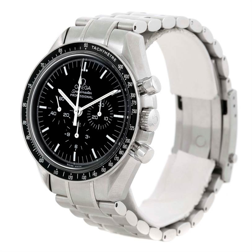 The Omega Speedmaster 3570.50.00 Men
s Stainless Steel Black Dial 3570.50.00 Men
s Stainless Steel Black Dial watch is shown at a three-quarter angle, displaying the face, bezel, chronograph, and bracelet.