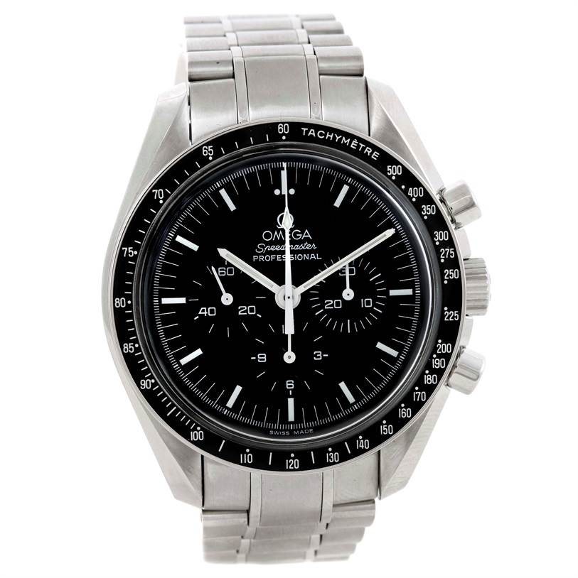 The image shows a front view of the Omega Speedmaster 3570.50.00 Men
s Stainless Steel Black Dial 3570.50.00 Men
s Stainless Steel Black Dial watch, highlighting its dial, bezel, and bracelet.