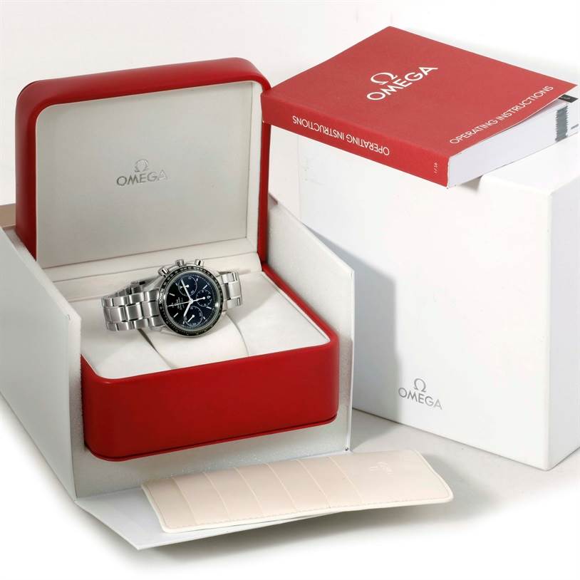 The Omega Speedmaster 326.30.40.50.01.001 Men
s Stainless Steel Black Dial 326.30.40.50.01.001 Men
s Stainless Steel Black Dial watch is displayed from a front angle in its open red and white box, alongside an instruction manual.