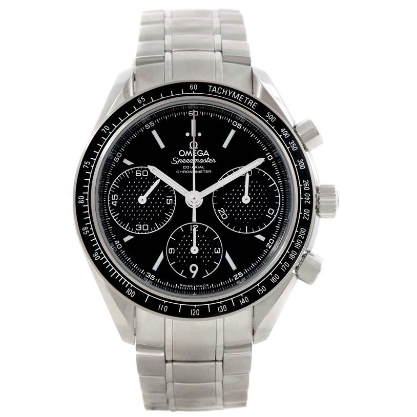 The image shows a front view of an Omega Speedmaster 326.30.40.50.01.001 Men
s Stainless Steel Black Dial 326.30.40.50.01.001 Men
s Stainless Steel Black Dial watch, displaying its face, bezel, and bracelet in detail.