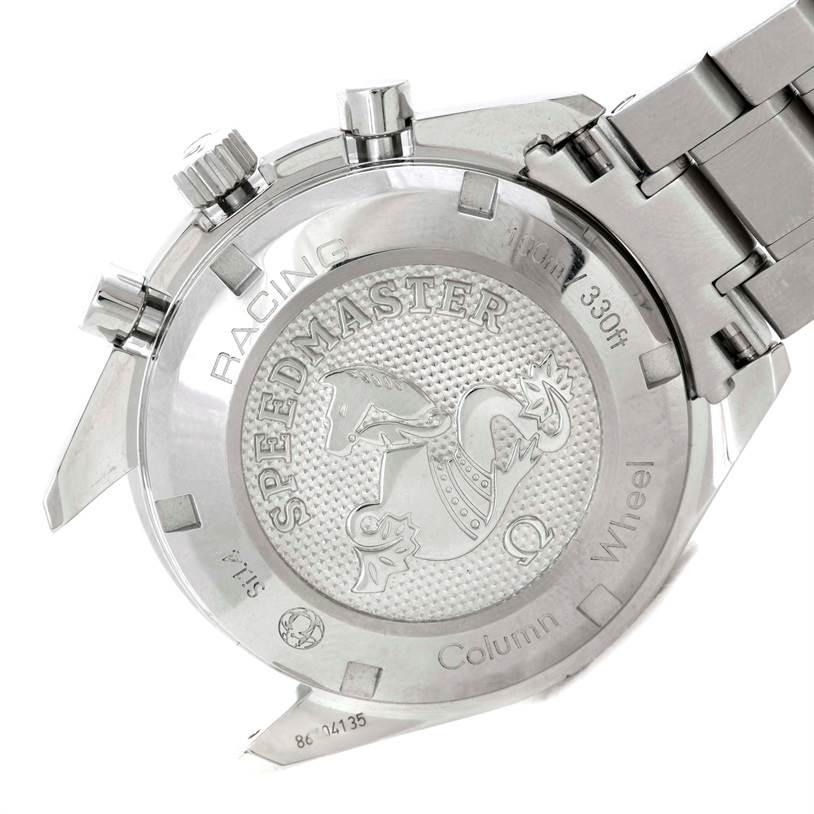 This image shows the back case and bracelet of an Omega Speedmaster 326.30.40.50.01.001 Men
s Stainless Steel Black Dial 326.30.40.50.01.001 Men
s Stainless Steel Black Dial watch, highlighting its engravings and buttons.