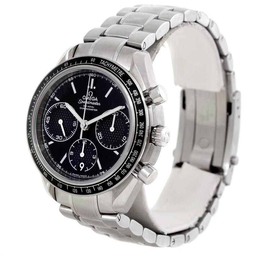 This Omega Speedmaster 326.30.40.50.01.001 Men
s Stainless Steel Black Dial 326.30.40.50.01.001 Men
s Stainless Steel Black Dial watch is shown at a three-quarter angle, displaying the face, bezel, chronograph buttons, and stainless steel bracelet.