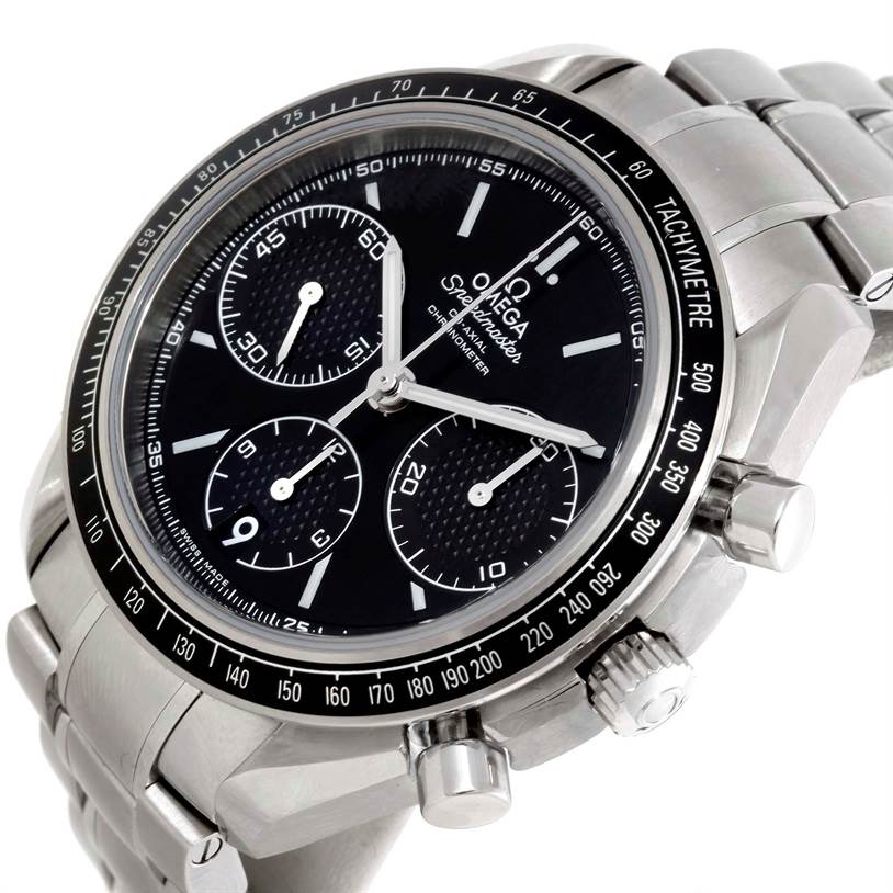 This image shows an Omega Speedmaster 326.30.40.50.01.001 Men
s Stainless Steel Black Dial 326.30.40.50.01.001 Men
s Stainless Steel Black Dial watch from an angled view highlighting its dial, subdials, tachymeter bezel, and stainless steel bracelet.
