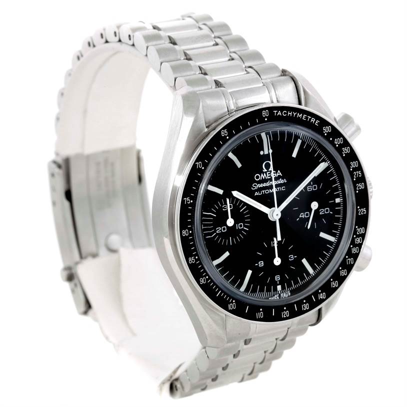 The Omega Speedmaster 3539.50.00 Men
s Stainless Steel Black Dial 3539.50.00 Men
s Stainless Steel Black Dial watch is shown from a slight right-side angle, displaying the face, bezel, bracelet, and clasp.