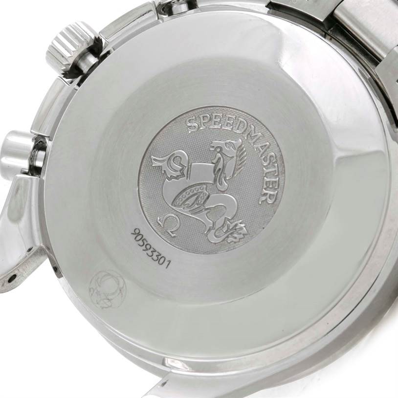 The image shows the back case of an Omega Speedmaster 3539.50.00 Men
s Stainless Steel Black Dial 3539.50.00 Men
s Stainless Steel Black Dial watch, including the logo and serial number.