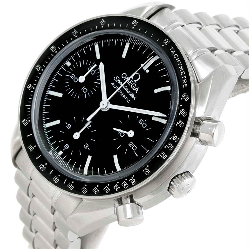 The image shows a front oblique view of an Omega Speedmaster 3539.50.00 Men
s Stainless Steel Black Dial 3539.50.00 Men
s Stainless Steel Black Dial watch, highlighting the bezel, dial, subdials, and bracelet.