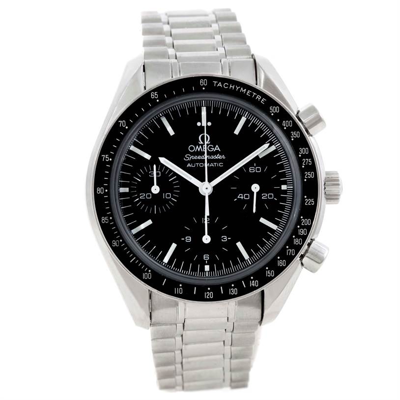 The image shows a frontal view of an Omega Speedmaster 3539.50.00 Men
s Stainless Steel Black Dial 3539.50.00 Men
s Stainless Steel Black Dial watch, highlighting its black dial, tachymeter bezel, and stainless steel bracelet.