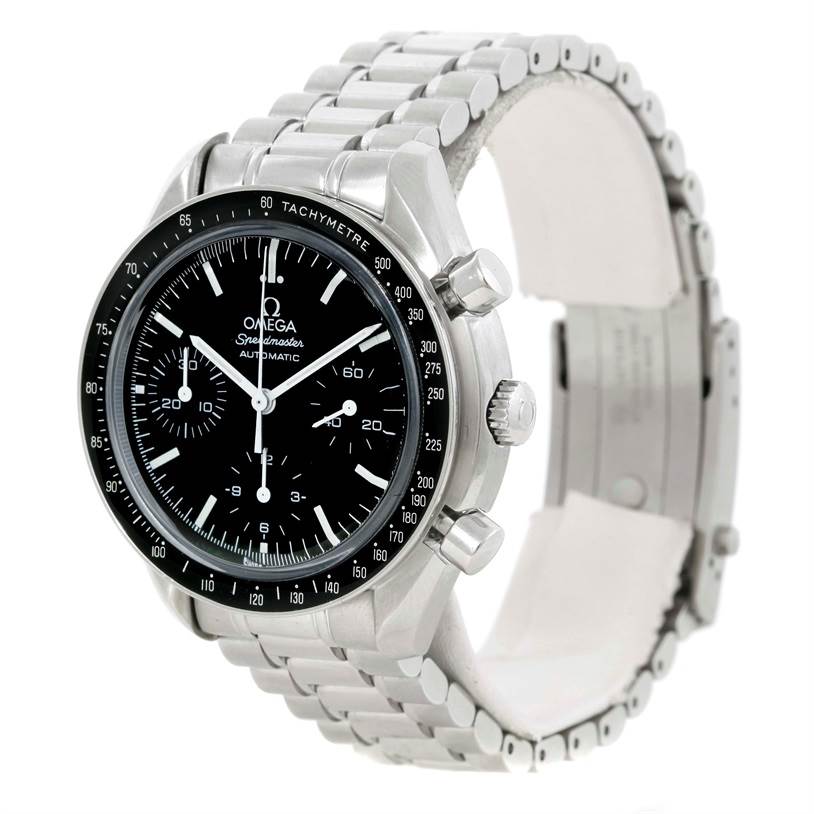 The Omega Speedmaster 3539.50.00 Men
s Stainless Steel Black Dial 3539.50.00 Men
s Stainless Steel Black Dial watch is shown at a three-quarter angle, displaying the black dial, tachymeter bezel, and stainless steel bracelet.