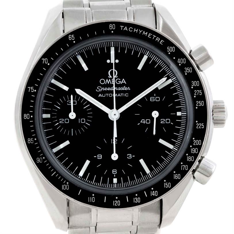 This image shows a frontal view of the Omega Speedmaster 3539.50.00 Men
s Stainless Steel Black Dial 3539.50.00 Men
s Stainless Steel Black Dial watch, displaying its face, bezel, and bracelet.