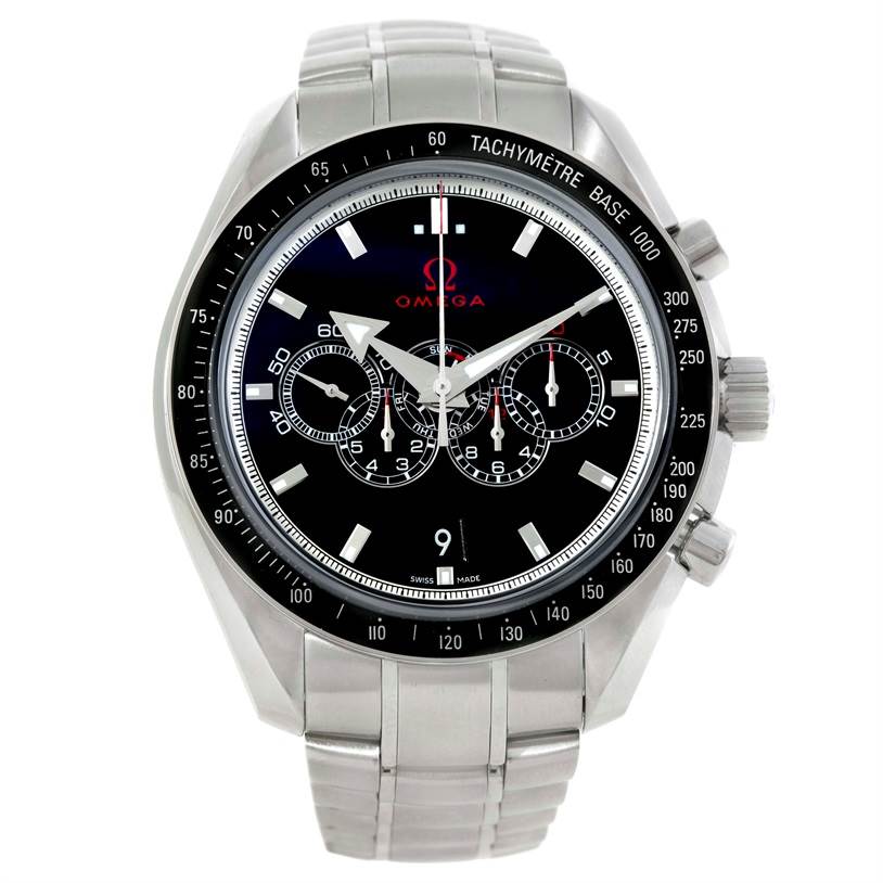 The image shows a frontal view of an Omega Speedmaster 321.30.44.52.01.001 Men
s Stainless Steel Black Dial 321.30.44.52.01.001 Men
s Stainless Steel Black Dial watch, displaying its face, bezel, and bracelet.