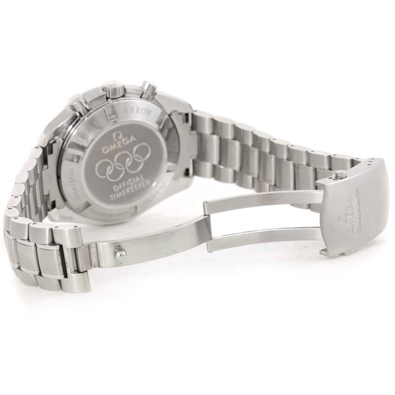 The image shows the back and bracelet clasp of the Omega Speedmaster 321.30.44.52.01.001 Men
s Stainless Steel Black Dial 321.30.44.52.01.001 Men
s Stainless Steel Black Dial, featuring its engraved case back and metal link bracelet.