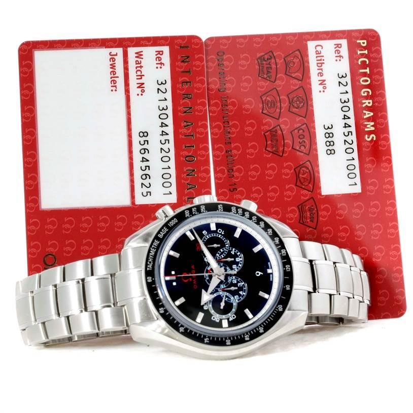 The Omega Speedmaster 321.30.44.52.01.001 Men
s Stainless Steel Black Dial 321.30.44.52.01.001 Men
s Stainless Steel Black Dial watch is displayed flat with its stainless steel bracelet and certification cards visible.