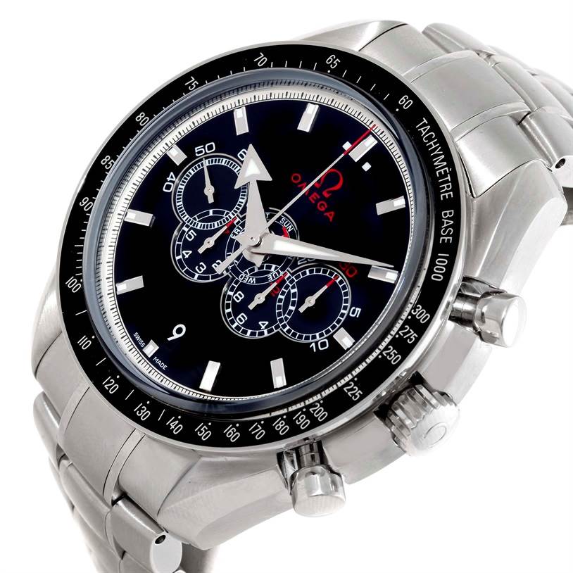 The Omega Speedmaster 321.30.44.52.01.001 Men
s Stainless Steel Black Dial 321.30.44.52.01.001 Men
s Stainless Steel Black Dial watch is shown at an angled view displaying the face, bezel, pushers, and partial bracelet.