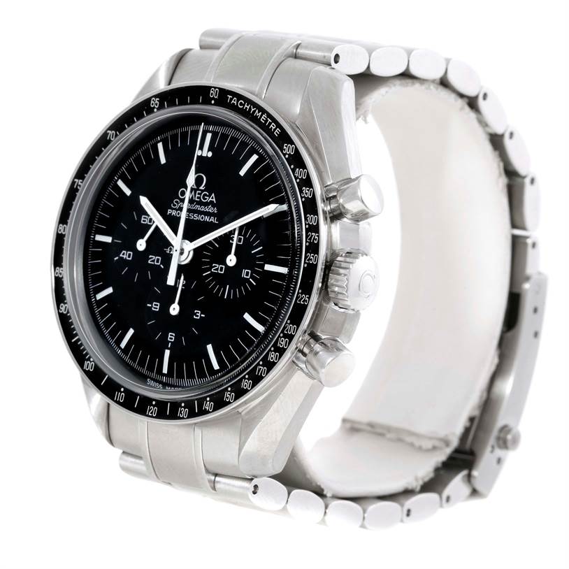 The image shows an Omega Speedmaster 3570.50.00 Men
s Stainless Steel Black Dial 3570.50.00 Men
s Stainless Steel Black Dial watch at a slight angle, displaying the dial, bezel, crown, pushers, and part of the bracelet.