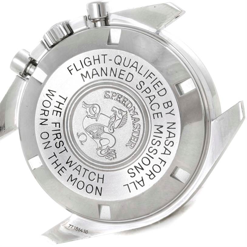 The image shows the back case of an Omega Speedmaster 3570.50.00 Men
s Stainless Steel Black Dial 3570.50.00 Men
s Stainless Steel Black Dial watch, featuring NASA and moon landing engravings.