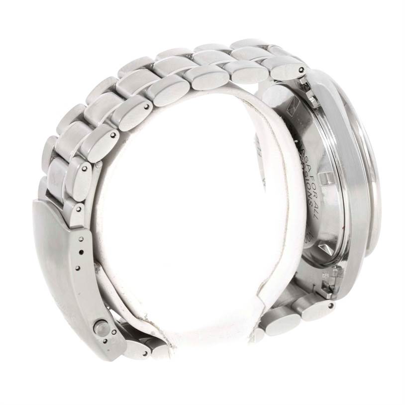 The image shows a side and partial rear view of an Omega Speedmaster 3570.50.00 Men
s Stainless Steel Black Dial 3570.50.00 Men
s Stainless Steel Black Dial watch, focusing on the metal bracelet and clasp.