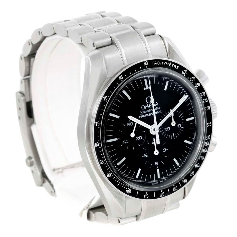 This image shows an Omega Speedmaster 3570.50.00 Men
s Stainless Steel Black Dial 3570.50.00 Men
s Stainless Steel Black Dial watch from an angled front view, highlighting the dial, bezel, and part of the bracelet.