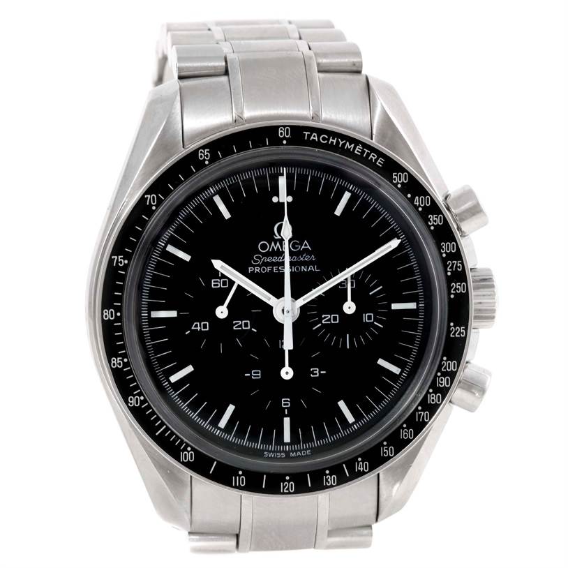 The Omega Speedmaster 3570.50.00 Men
s Stainless Steel Black Dial 3570.50.00 Men
s Stainless Steel Black Dial watch is shown from a front angle, displaying the dial, case, and bracelet.