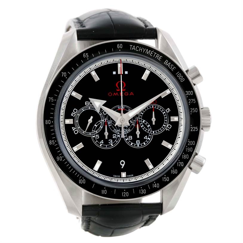 The image shows a front view of an Omega Speedmaster 321.33.44.52.01.001 Men
s Stainless Steel Black Dial 321.33.44.52.01.001 Men
s Stainless Steel Black Dial watch, featuring its dial, bezel, and leather strap.