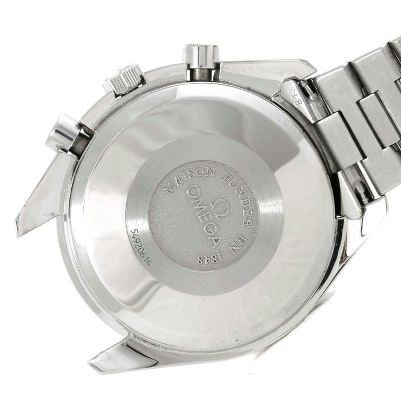 This image shows the case back and some of the bracelet of the Omega Speedmaster 3523.30.00 Men
s Stainless Steel Silver Dial 3523.30.00 Men
s Stainless Steel Silver Dial watch.