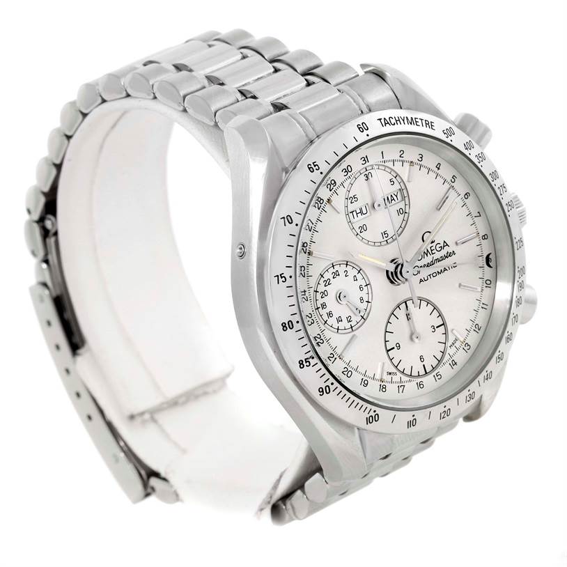 The Omega Speedmaster 3523.30.00 Men
s Stainless Steel Silver Dial 3523.30.00 Men
s Stainless Steel Silver Dial watch is shown at an angle that highlights the face, bezel, and part of the bracelet.