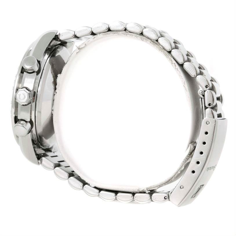 The Omega Speedmaster 3523.30.00 Men
s Stainless Steel Silver Dial 3523.30.00 Men
s Stainless Steel Silver Dial watch is shown from a side angle, highlighting the crown, pushers, and part of the metal bracelet.