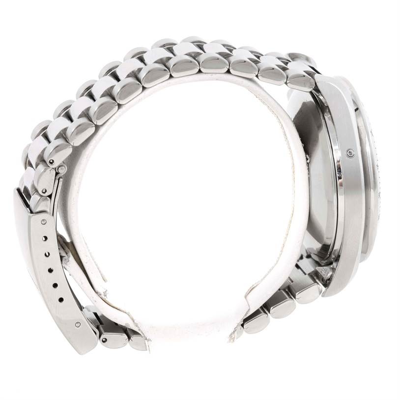 The image shows a side view of the Omega Speedmaster 3523.30.00 Men
s Stainless Steel Silver Dial 3523.30.00 Men
s Stainless Steel Silver Dial watch, highlighting the metal bracelet and case.