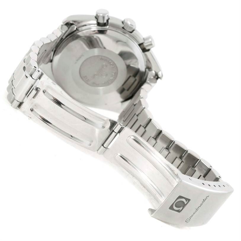 The image shows the back case, crown, pushers, and stainless steel bracelet of an Omega Speedmaster 3523.30.00 Men
s Stainless Steel Silver Dial 3523.30.00 Men
s Stainless Steel Silver Dial watch.