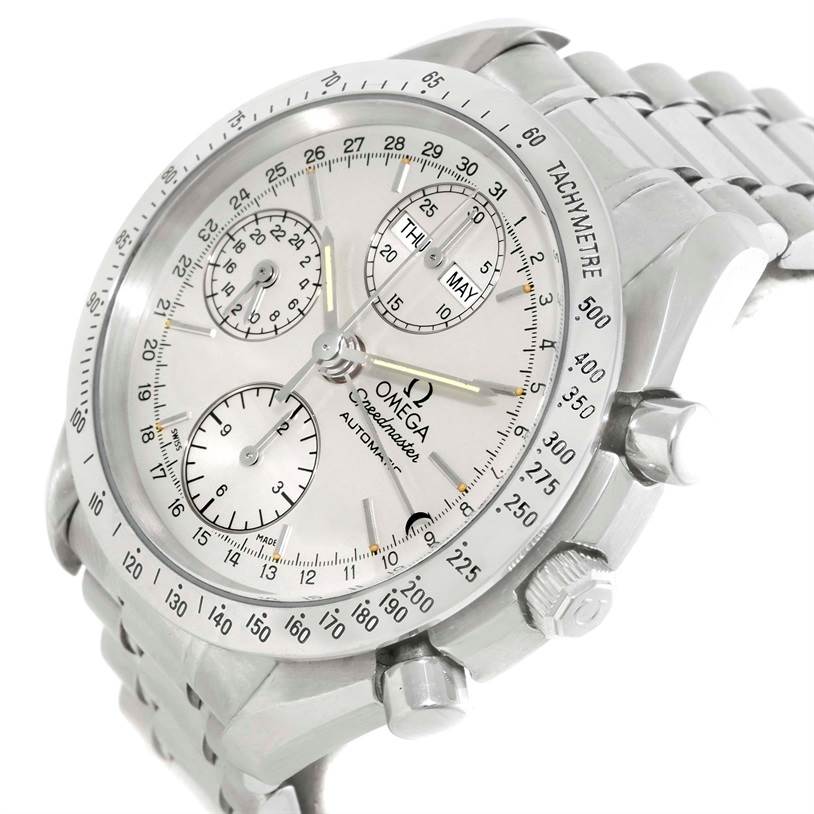 The image shows an Omega Speedmaster 3523.30.00 Men
s Stainless Steel Silver Dial 3523.30.00 Men
s Stainless Steel Silver Dial watch at an angled view highlighting the face, subdials, and stainless steel bracelet.