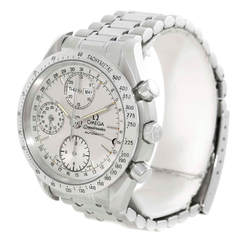 The image shows an Omega Speedmaster 3523.30.00 Men
s Stainless Steel Silver Dial 3523.30.00 Men
s Stainless Steel Silver Dial watch from a three-quarter angle, highlighting the dial, tachymeter bezel, and bracelet.
