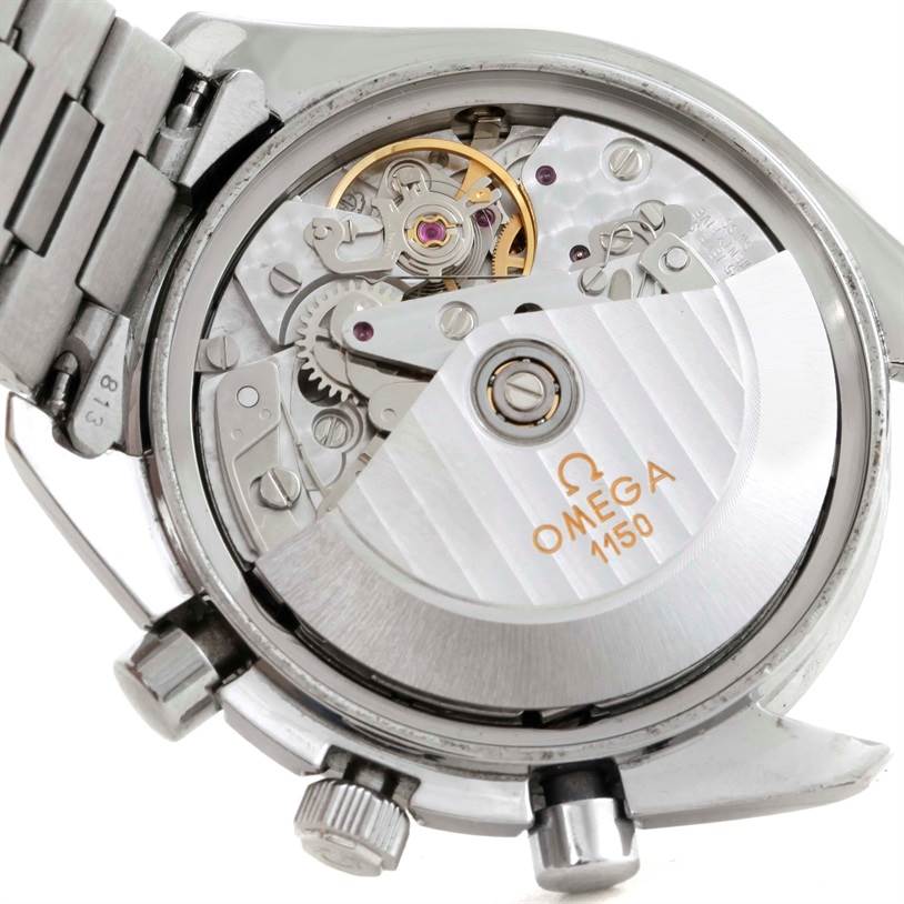 This image shows the rear movement of an Omega Speedmaster 3523.30.00 Men
s Stainless Steel Silver Dial 3523.30.00 Men
s Stainless Steel Silver Dial watch with the case back removed, highlighting its internal mechanisms.