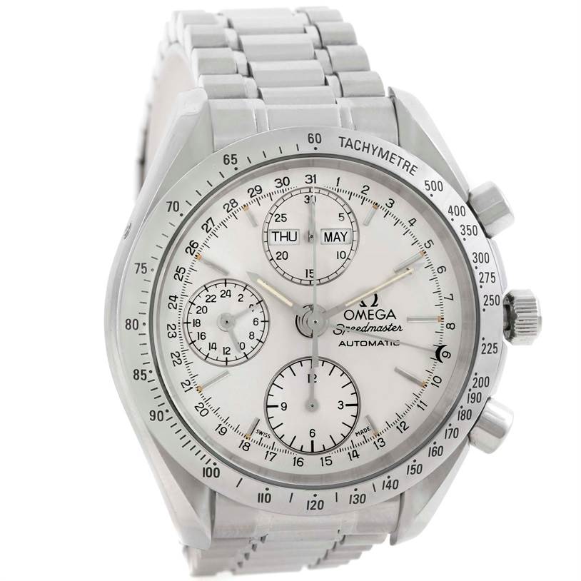 The image shows a front view of an Omega Speedmaster 3523.30.00 Men
s Stainless Steel Silver Dial 3523.30.00 Men
s Stainless Steel Silver Dial watch, highlighting its dial, subdials, and tachymeter bezel.