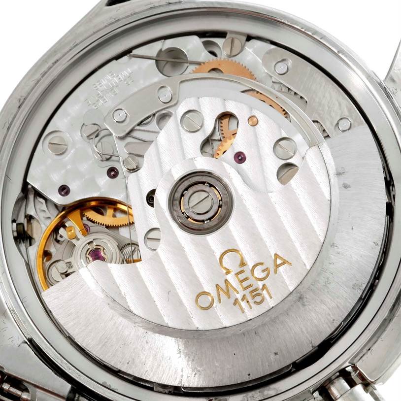 This image shows the inner mechanics and movement of the Omega Speedmaster 3523.80.00 Men's Stainless Steel Blue Dial 3523.80.00 Men's Stainless Steel Blue Dial watch model, identified as the Omega 1151.