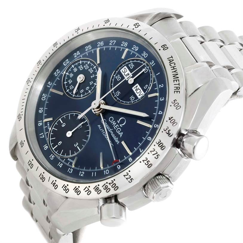 The Omega Speedmaster 3523.80.00 Men's Stainless Steel Blue Dial 3523.80.00 Men's Stainless Steel Blue Dial watch is shown at an angled view, highlighting the dial, subdials, bezel, crown, and part of the bracelet.
