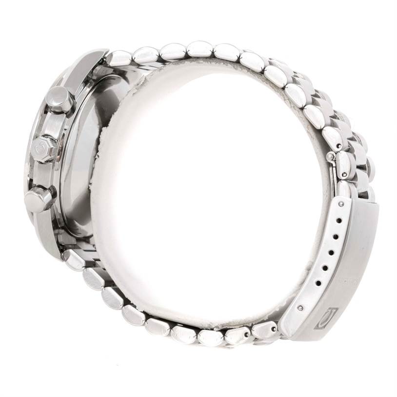 The image shows a side view of an Omega Speedmaster 3523.80.00 Men's Stainless Steel Blue Dial 3523.80.00 Men's Stainless Steel Blue Dial watch, focusing on the case, pushers, and stainless steel bracelet.