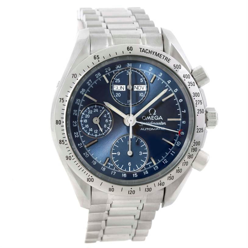The Omega Speedmaster 3523.80.00 Men's Stainless Steel Blue Dial 3523.80.00 Men's Stainless Steel Blue Dial watch is shown from a front angle, displaying the dial, bezel, and metal bracelet.